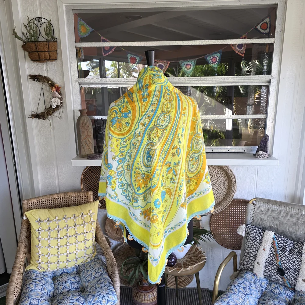 Vintage Huge Scarf Wrap Crochet Trim Resortwear Yellow Paisley Scarf